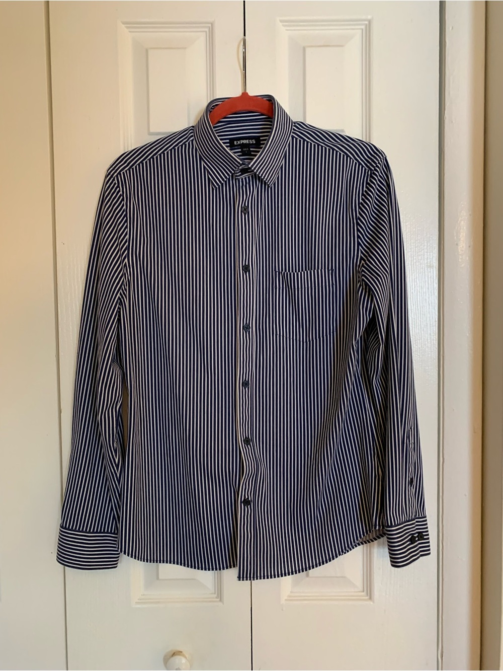Express Men's Navy and White Vertical Stripe Dress Shirt